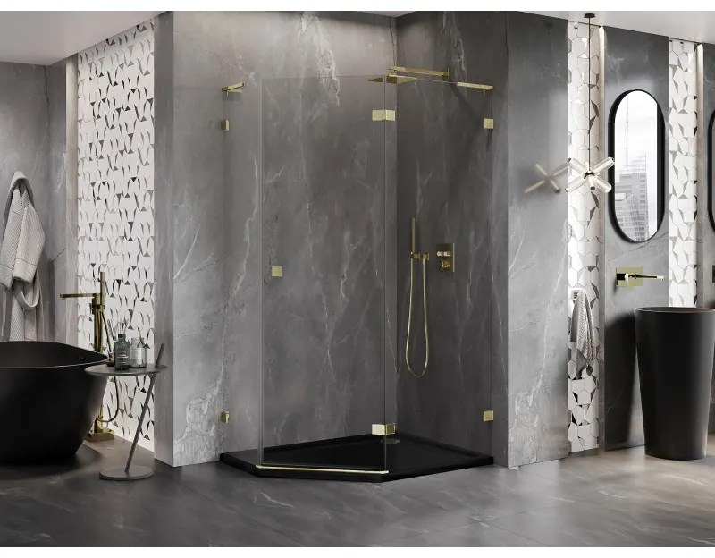 Mexen Lunar, L pravý výklopný päťuholníkový sprchový kút 100 x 90 cm, 8mm číre sklo, zlatý profil, 831L-100P-090L-50-00-P