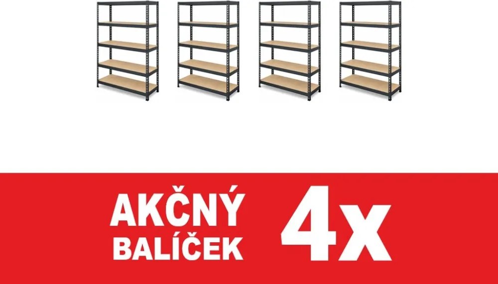 Akcia 4x Regál 180x90x40 cm lakovaný, 5-policový, nosnosť 1000 kg, RIVET - čierny - 4ks