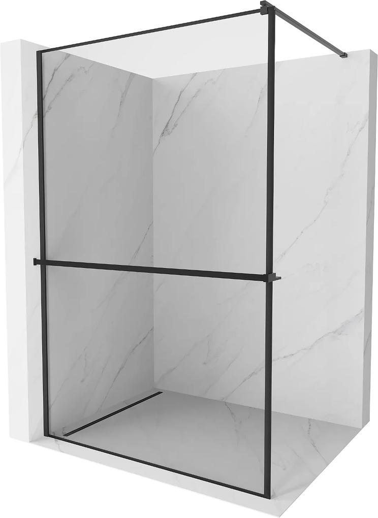 Mexen Kioto+, sprchová zástena s poličkou a držiakom na uteráky 90 x 200 cm, 8mm sklo číre sklo vzor čierny rám, čierny profil, 800-090-121-70-70