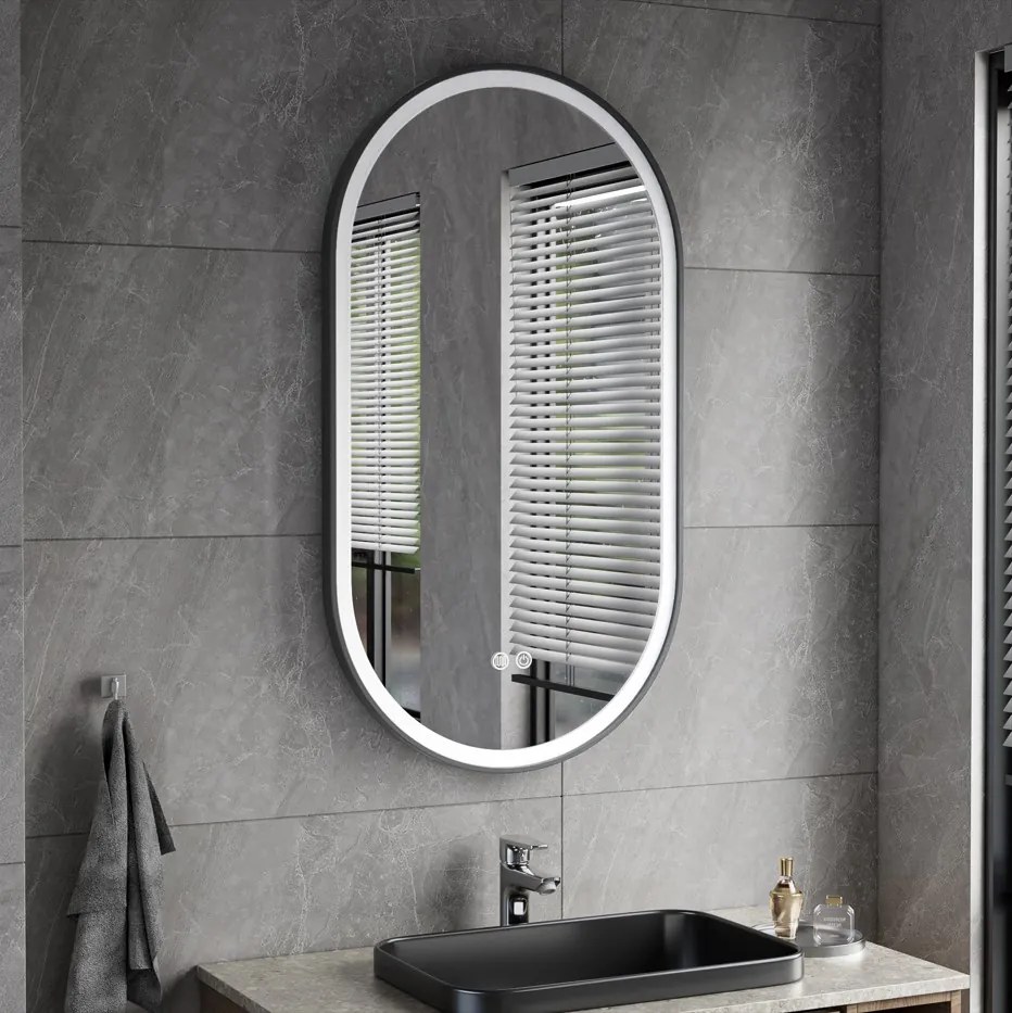 Erga Gwen, oválne LED zrkadlo 50x90cm v čiernom kovovom ráme, 3 farby svetla, predné osvetlenie, vyhrievacia podložka proti zapareniu, ERG-V01-GWEN-5090-BK