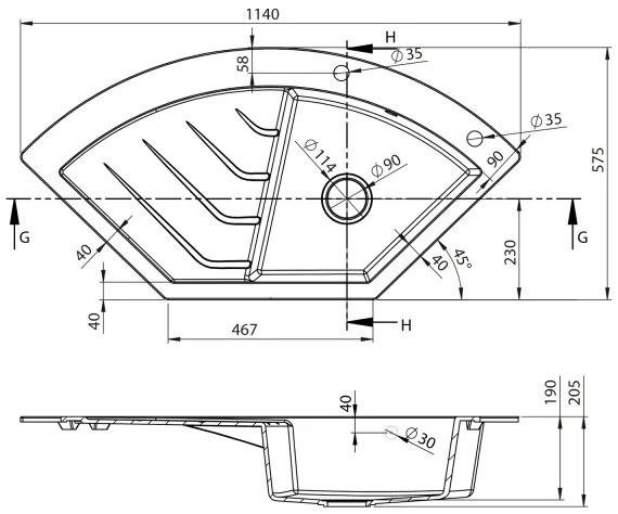 Sapho - Rohový kuchynský drez 114x57,5 cm granit/čierny