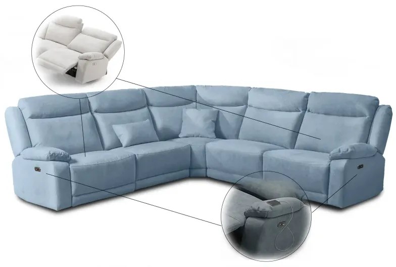 Kožená sedacia súprava CONTINENTAL rohová s funkciou relax, elektrické, sv. modrá (cielo 332)