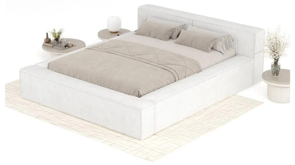 Krémová čalúnená dvojlôžková posteľ s úložným priestorom s roštom 140x200 cm Voliera – Maison de Rêve