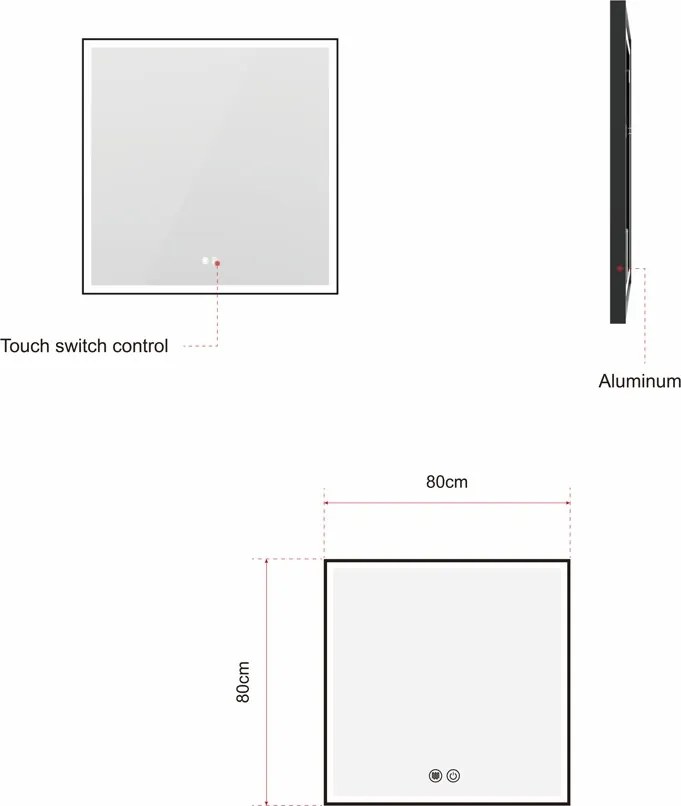 Erga Samira, LED zrkadlo 80x80cm v čiernom ráme, 2415 lm, 3 farby svetla, predné osvetlenie, ERG-V01-SAMIRA-8080-BK