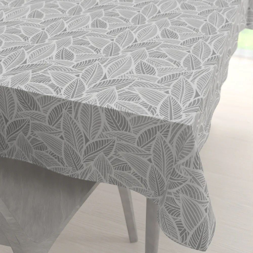 Biante Veľký dekoračný obdĺžnikový obrus Leona LN-169 Biele listy na sivom 260x320 cm