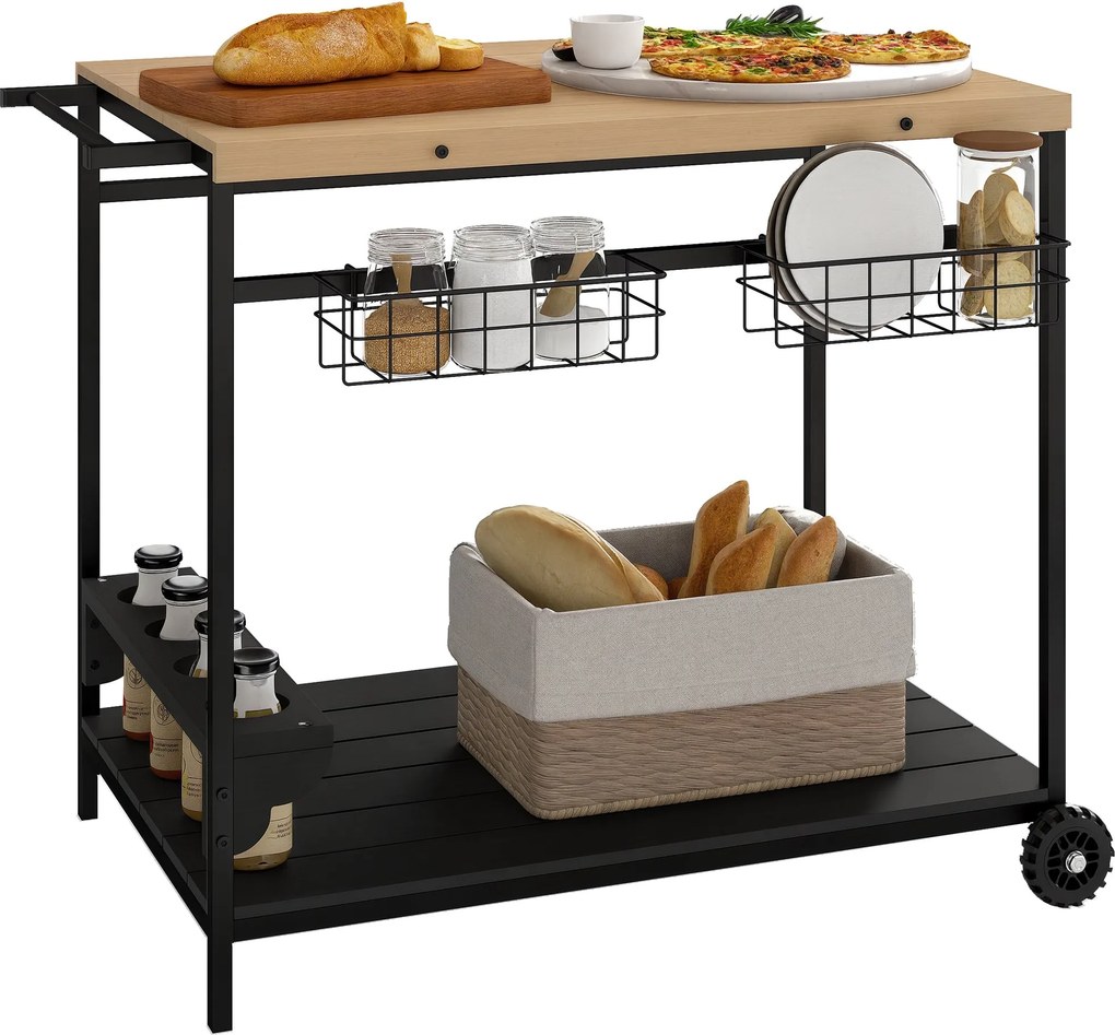 Drevený pojazdný servírovací vozík Outsunny s 2 policami, 2 kovovými košíkmi a držiteľmi na víno pre záhradu a patio 97,5x65x81 cm | Aosom