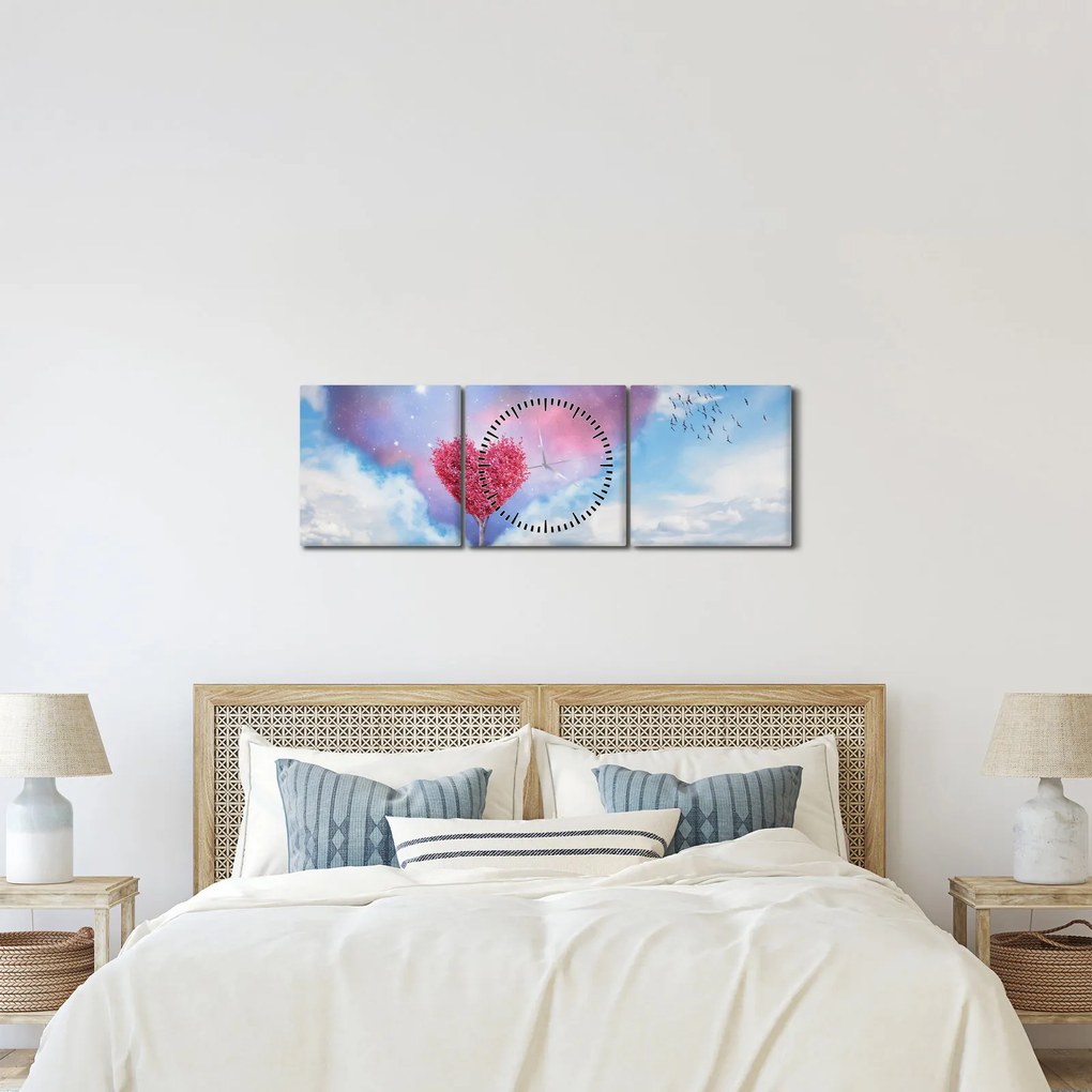 Obraz - Ružový strom srdca (s hodinami) (90x30 cm)