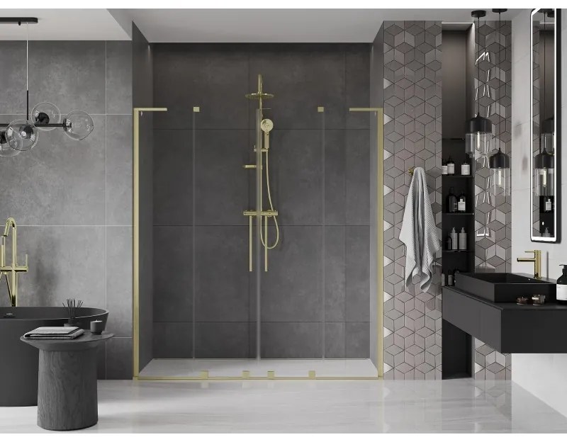Mexen Velar L Duo, posuvné sprchové dvere do otvoru 170 cm, 8mm číre sklo, zlatá matná, 871-170-003-02-55