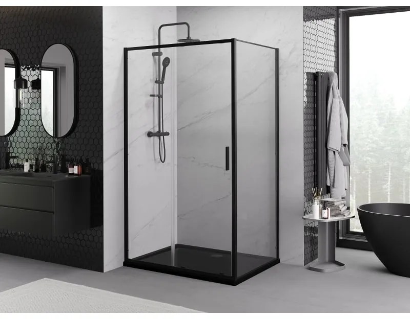 Mexen Exo, sprchovací kút s posuvnými dverami 145 x 90 cm, 6mm číre sklo, čierny profil, 8151-145-090-70-00