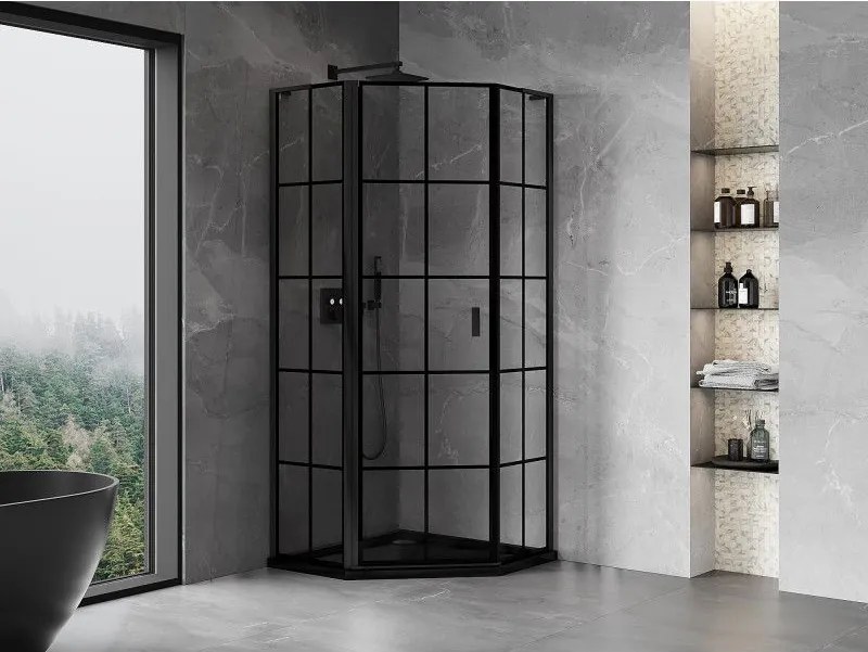 Mexen Mist L, päťuholníkový sprchový kút s krídlovými dverami, 80 x 80 cm, 8mm číre sklo, čierny profil, 8A8L-080-080-70-77-L