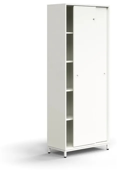 Skriňa s posuvnými dverami QBUS, 4 police, na nožičkách, s madlom, 2020x800x400 mm, biela