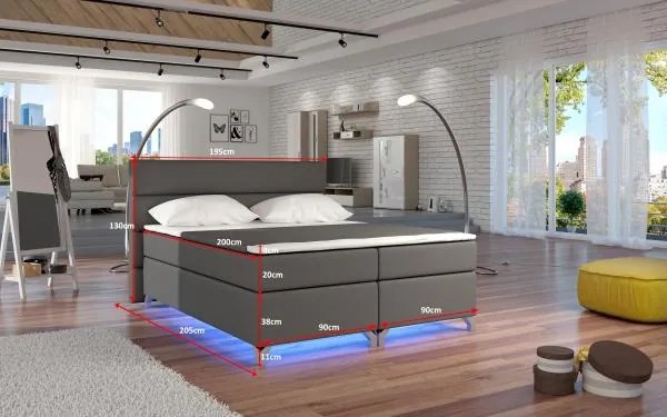 Posteľ Boxspring Amadeus + LED 200x180, šedá (koženka - bao 10)