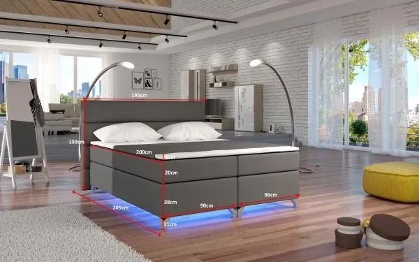 Posteľ Boxspring Amadeus + LED 200x180, šedá (koženka - bao 10)