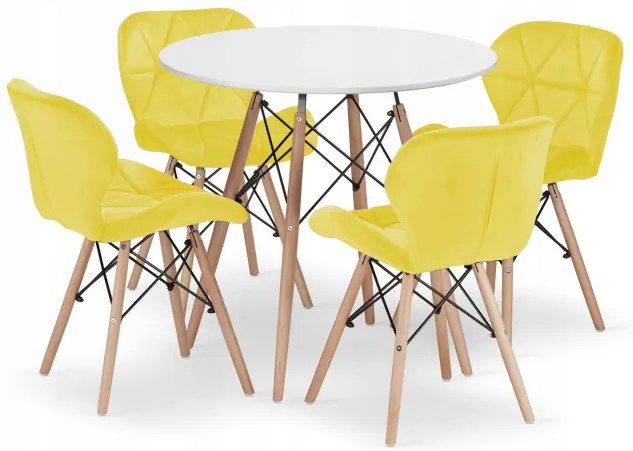 Jedálenský stôl TODI biely 80 cm so štyrmi stoličkami LAGO zamatové žlté