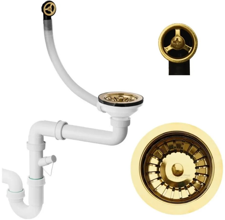 Sink Quality Titanite, kuchynský granitový drez 680x495x215 mm + zlatý sifón, čierna škvrnitá-Brocade, SKQ-TIT.B.1KKO.XG