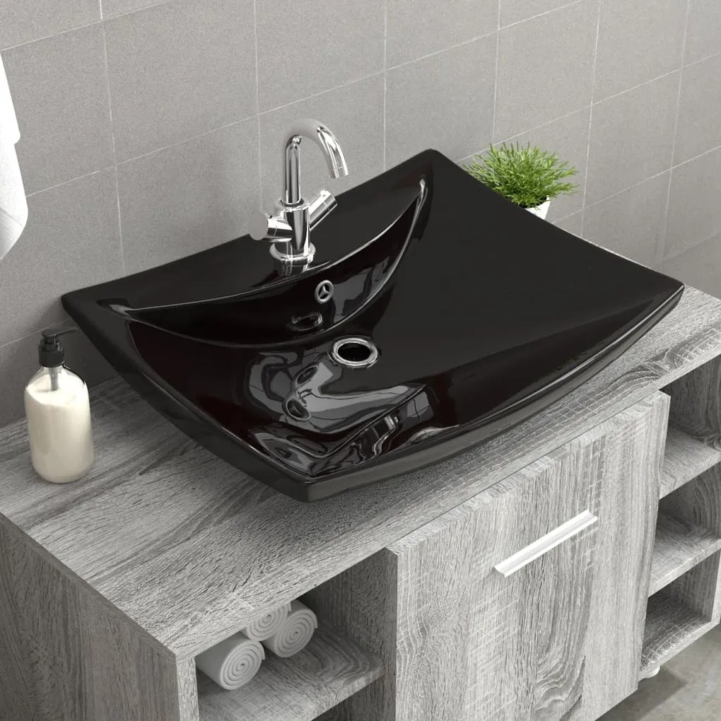 vidaXL Čierne luxusné keramické umývadlo v tvare obdĺžnika s prepadom a otvorom na batériu