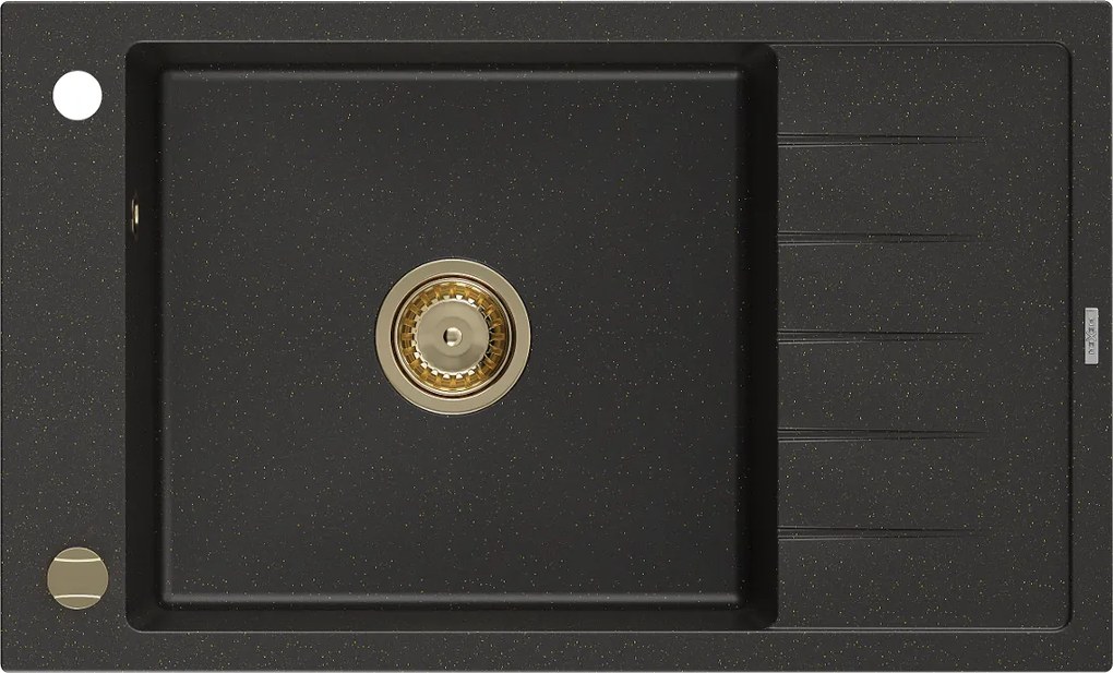 Mexen Elias, granitový drez granitový 795x480x200 mm, 1-komorový, čierna-zlatá metalíza so zlatým sifónom, 6511791005-75-G