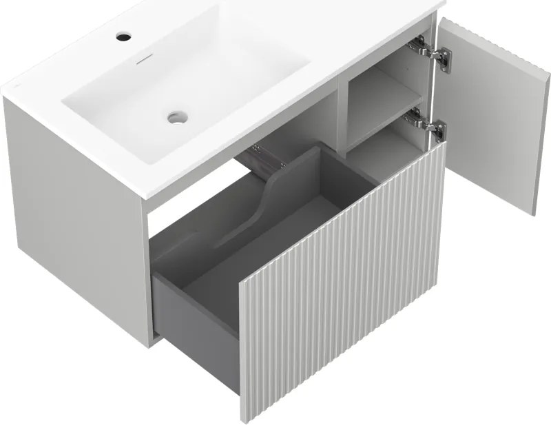 Mexen Rivel, kúpeľňová skrinka 90 cm s umývadlom Otis vľavo, 1S, 1D, drážkovaná, sivá matná/biela matná - 91A23-09047-3-BBFF62-W18L01