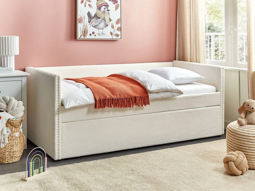 Rozkladacia posteľ s buklé čalúnením 90 x 200 cm svetlobéžová TROYES Beliani