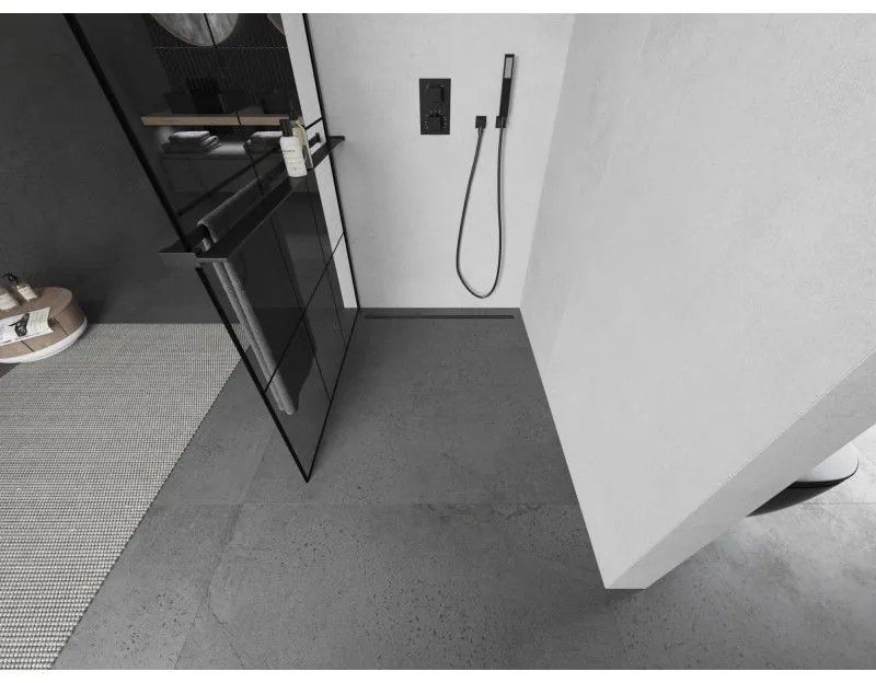 Mexen Kioto+ L, sprchová zástena Walk-In s poličkou a vešiakom 100 x 200 cm, 8mm číre sklo čierny vzor, čierny profil, 800-100-123-70-77