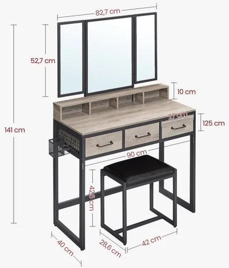 Toaletný stolík s taburetom 28,6x42 cm FLORA sivá/čierna