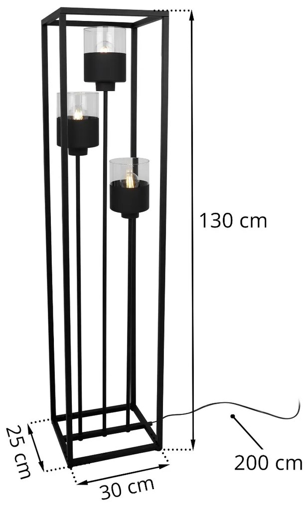 Stojacia lampa Roma cage, 3x čierne/transparetné sklenené tienidlo v kovovom ráme