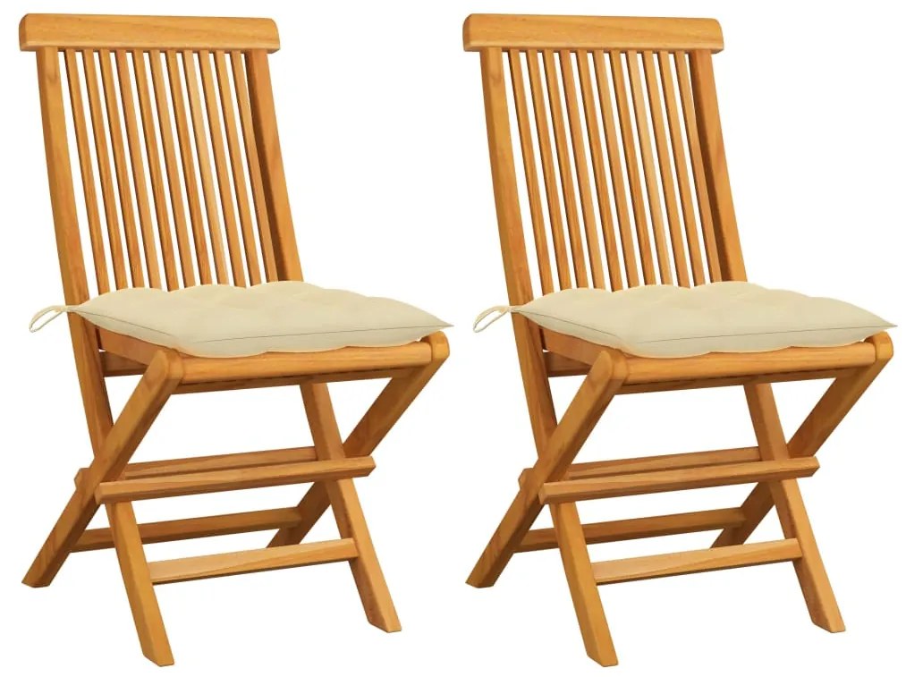 vidaXL Záhradné stoličky s krémovobielymi podložkami 2 ks teakový masív