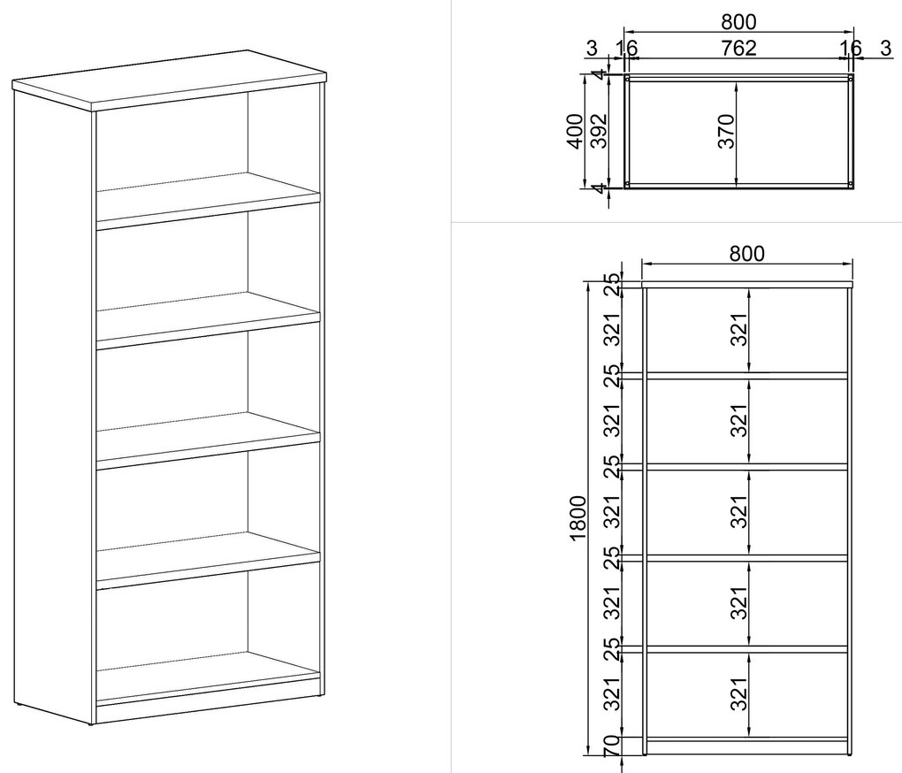 Kancelársky regál MIRELLI, 800 x 400 x 1800 mm, breza