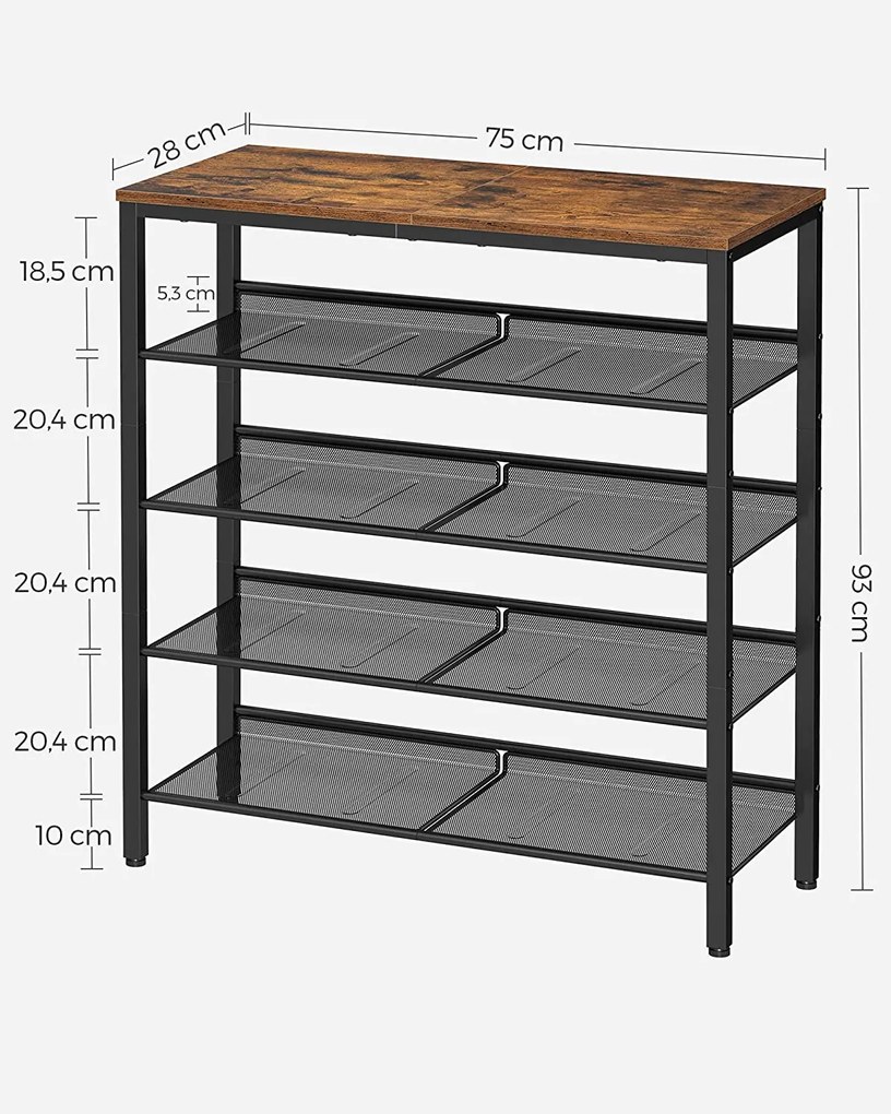 VASAGLE Regál na topánky 75 x 93 x 28 cm priemyselný čierny