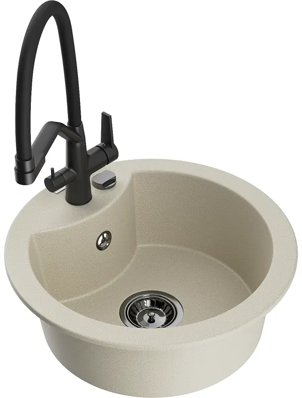 Mexen Diego, 1-komorový granitový drez 488x488x167 mm a drezová batéria Duo, béžová, 6512-69-671701-70-B