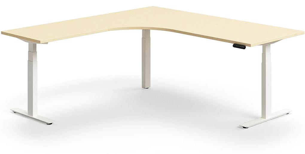 Výškovo nastaviteľný stôl QBUS, rohový, 2000x2000 mm, biely rám, breza
