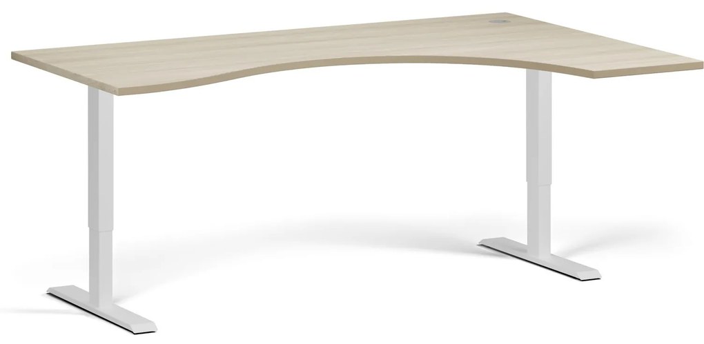Ergonomický výškovo nastaviteľný stôl, 180x120 cm, 1 motor, L/P, biela podnož, dub prírodný