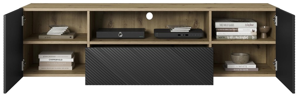 Závesný TV stolík Asha 167 cm s otvorenou policou - artisan / čierny mat