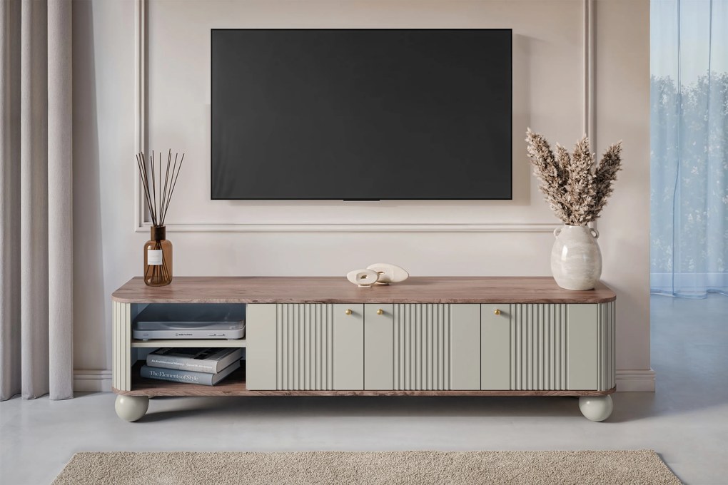 TV stolík Vespera 3D 187 cm - kašmírová / orech / zlatá / kašmírové nohy