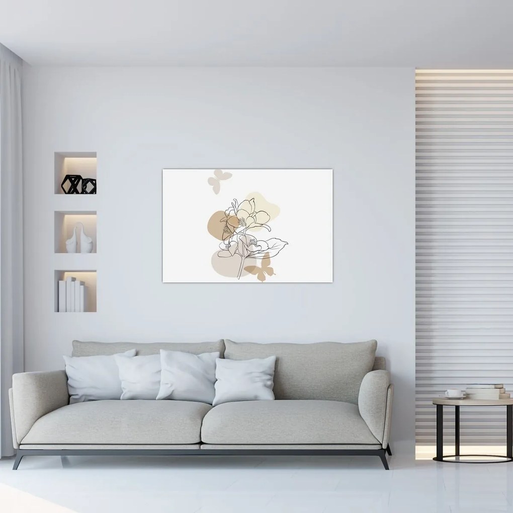 Obraz - Béžové kvety s motýľom N⁰1 (90x60 cm)