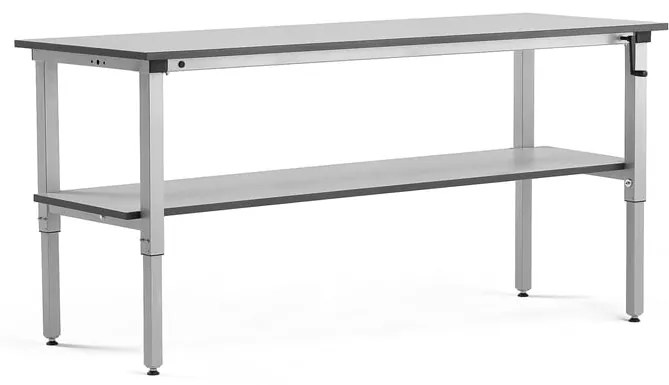 Manuálne nastaviteľný dielenský stôl MOTION, s policou, 150kg, 2000x600 mm