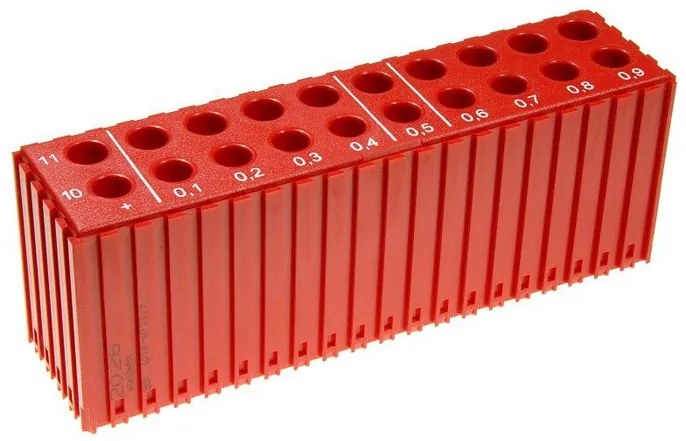 Plastový box na ukladanie vrtákov s priemerom 10–11,9 mm, modul 20x5, 20 dutín, červená