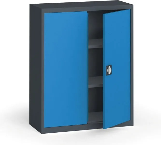 Plechová policová skriňa na náradie KOVONA, 1150 x 950 x 400 mm, 2 police, grafit/modrá