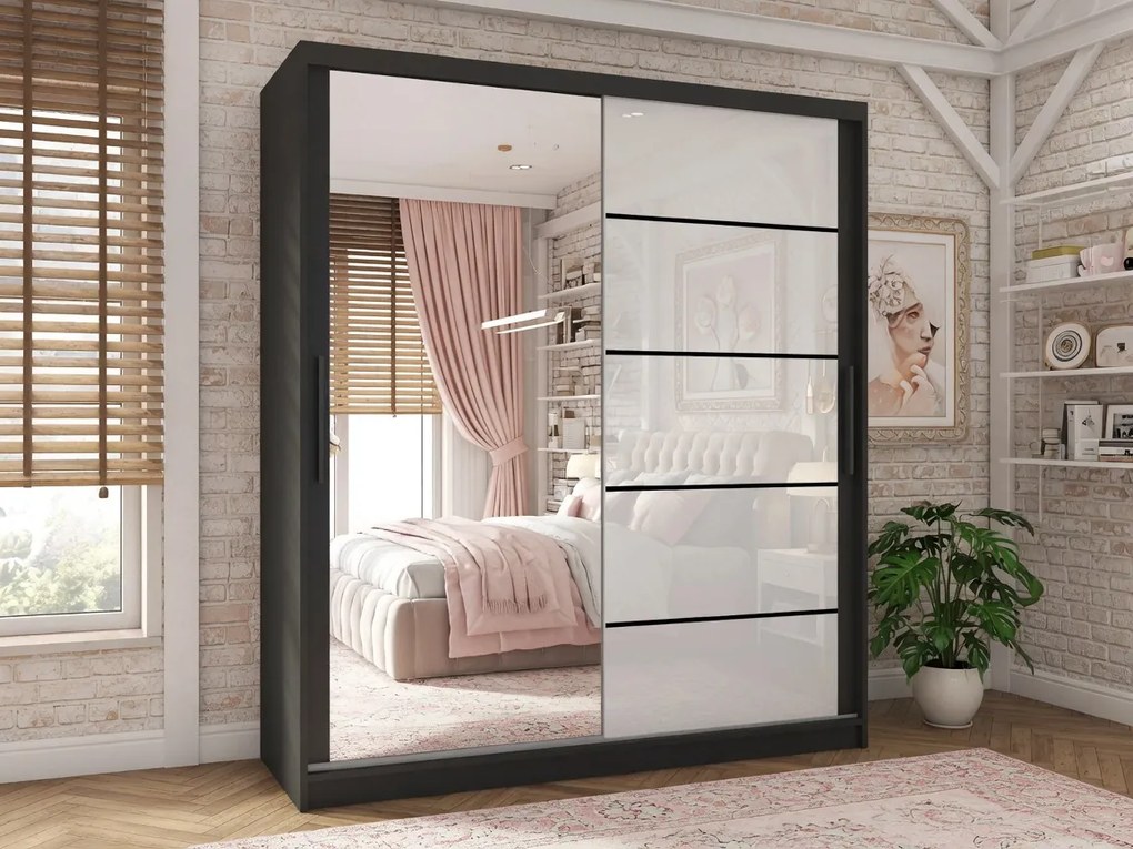Šatníková skriňa 133 cm Belini čierny mat / biely lesk s posuvnými dverami zrkadlom a zásuvkami MGB SZP6/1/B/1L5W/KLP