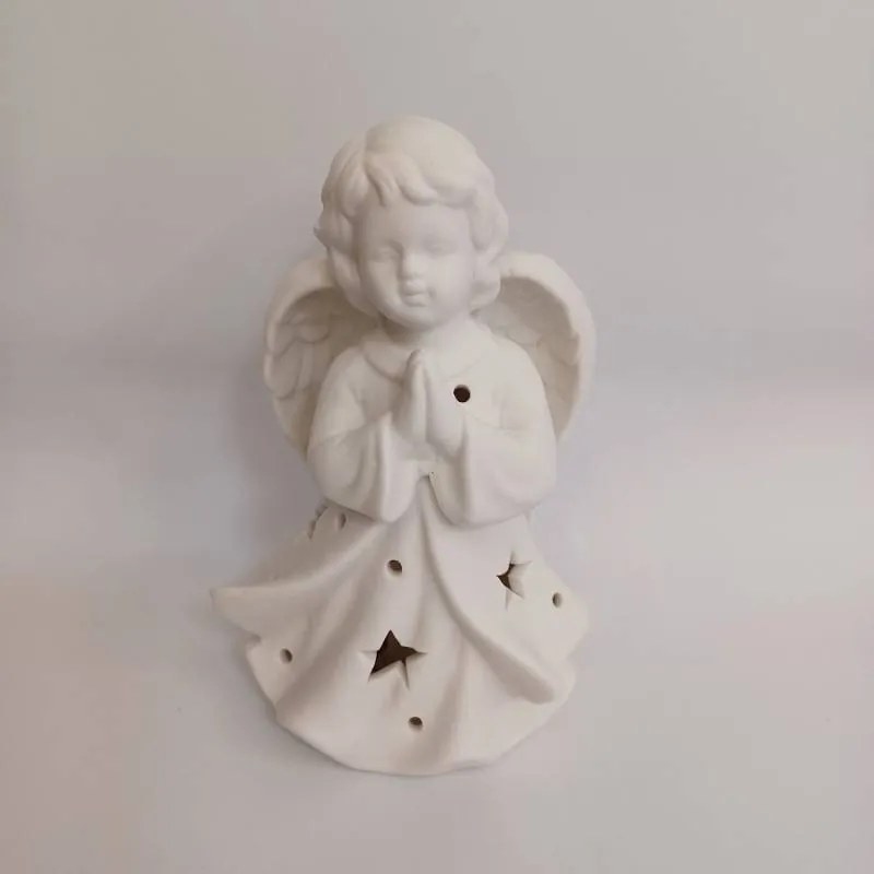 DECOLED Keramický andílek modlící se, 9,3 x 7,6 x 14,9 cm, teple bílá, 2xLR44