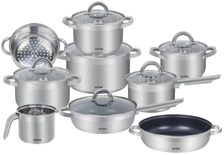 15-dielna sada nerezových hrncov a nepriľnavých panvíc BestBerg BBSC-15 / strieborná