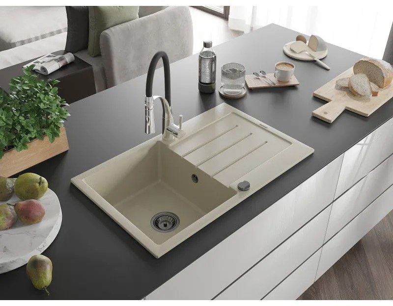 Mexen Bruno, 1-komorový granitový drez 795x495x200 mm a drezová batéria Aster, béžová, 6513-69-73450-07-B
