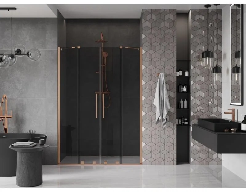 Mexen Velar Duo, posuvné sprchové dvere do otvoru 150 cm, 8mm šedé sklo, medená matná, 871-150-000-42-65