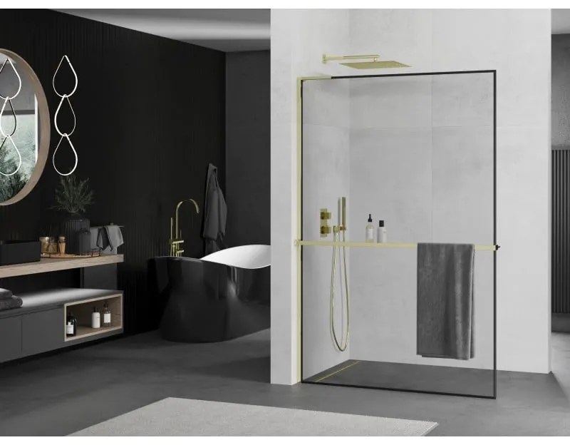 Mexen Kioto+ L, sprchová zástena Walk-In s poličkou a vešiakom 110 x 200 cm, 8mm číre sklo čierny vzor, zlatý lesklý profil,800-110-123-50-70