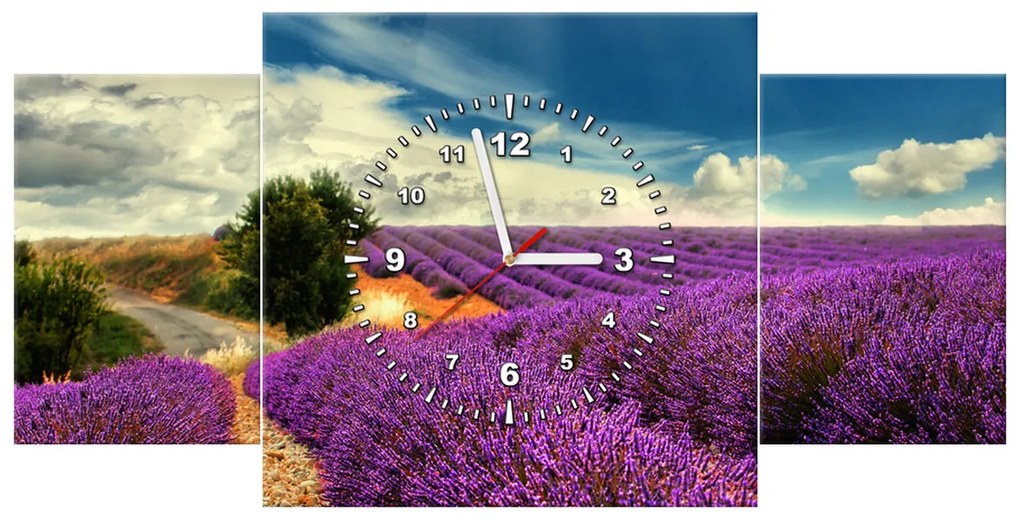 Gario Obraz s hodinami Čarovná levanduľová krajina - 3 dielny Rozmery: 80 x 40 cm