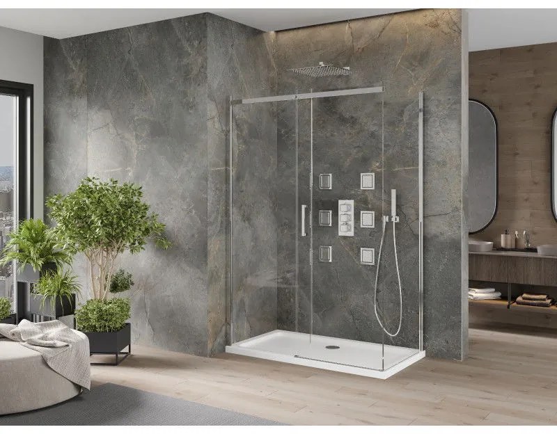 Mexen Omega, sprchovací kút s posuvnými dverami 140 (dvere) x 70 (stena) cm, 8mm číre sklo, chrómový profil + slim sprchová vanička 5cm, 825-140-070-01-00-4010