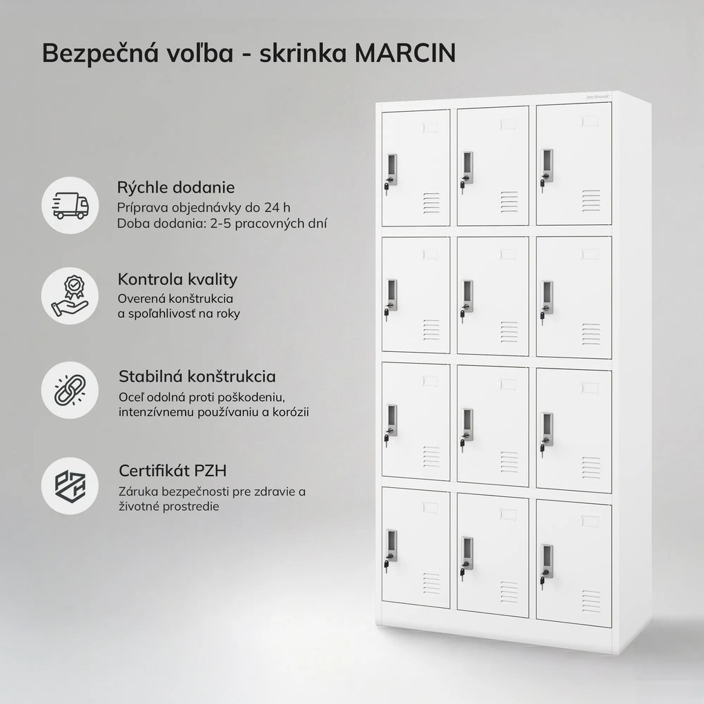 Sociálna BHP skrinka s priehradkami biela, 900x1850x400 mm: MARCIN