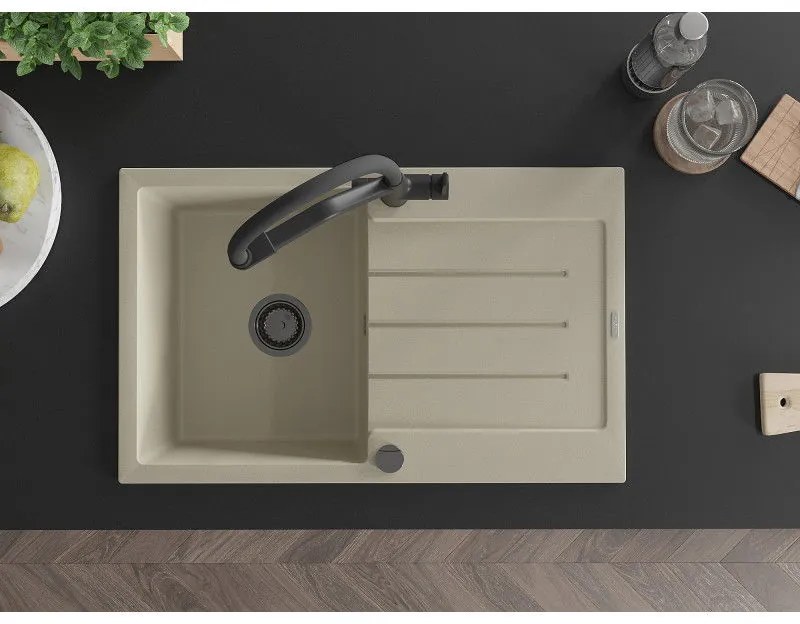 Mexen Bruno, 1-komorový granitový drez 795x495x200 mm a drezová batéria Duo, béžová, 6513-69-671701-70-B