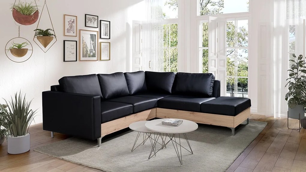 Rohová pohovka Hermes Wood, Farby: ekokoža Soft 011 (čierna), Farby nožičiek: dub monastery, Strana: ľavá