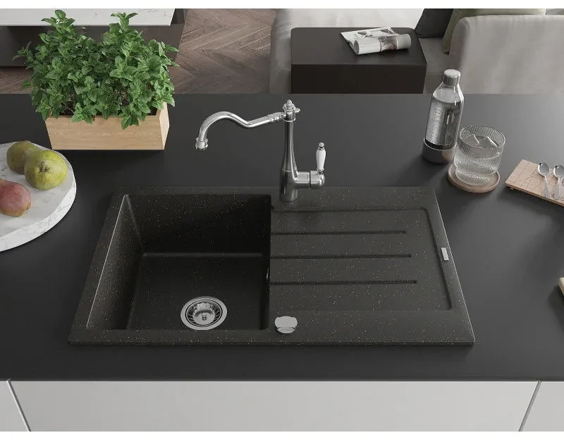 Mexen Bruno, granitový drez 795x495x200 mm, 1-komorový a drezová batéria Carla, čierna-zlatá metalíza, 6513-75-670700-00